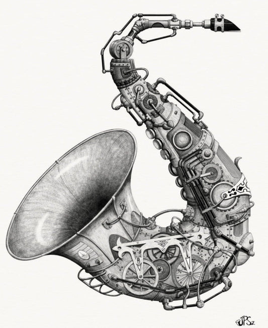 Original hand-drawn steampunk inspired saxophone